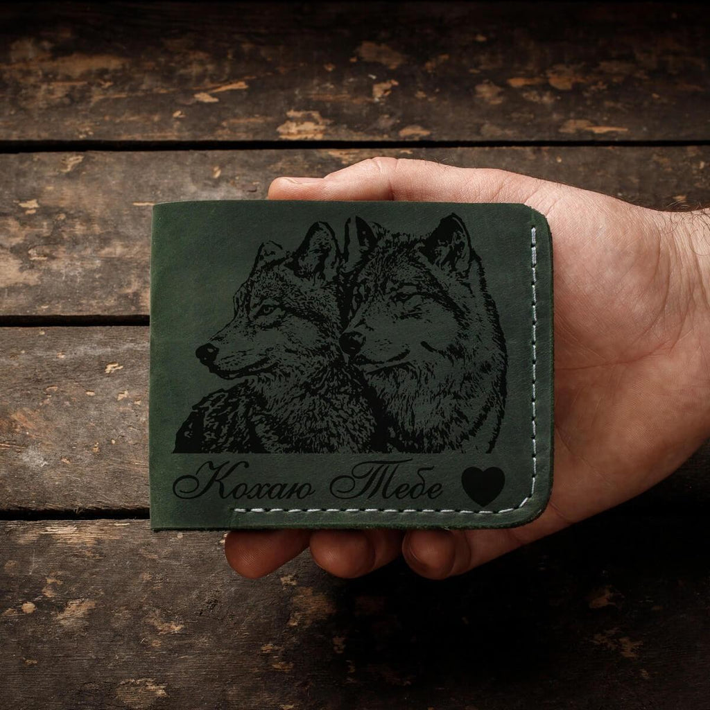 Іменні гаманці ручної роботи, шкіряний чоловічий гаманець з гравіюванням "Вовки"