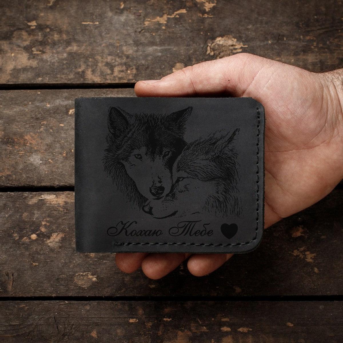 Іменний чоловічий шкіряний гаманець ручної роботи, гравіювання "Вовки"-Wallet mini-Gravyar-Чорний-Без пакування-BL
