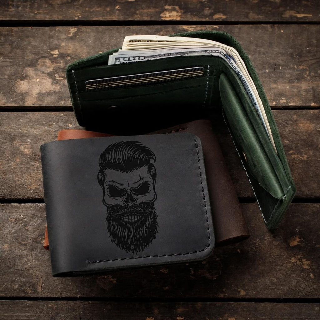 Іменний гаманець для чоловіків, шкіряний гаманець з гравіюванням "Череп"