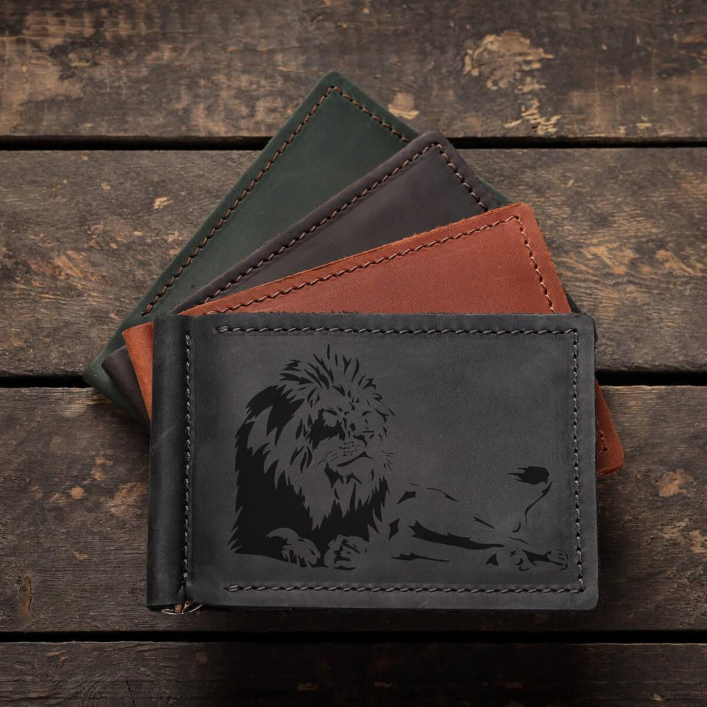 Іменний затиск для купюр, шкіряний гаманець з равіруванням "Лев"