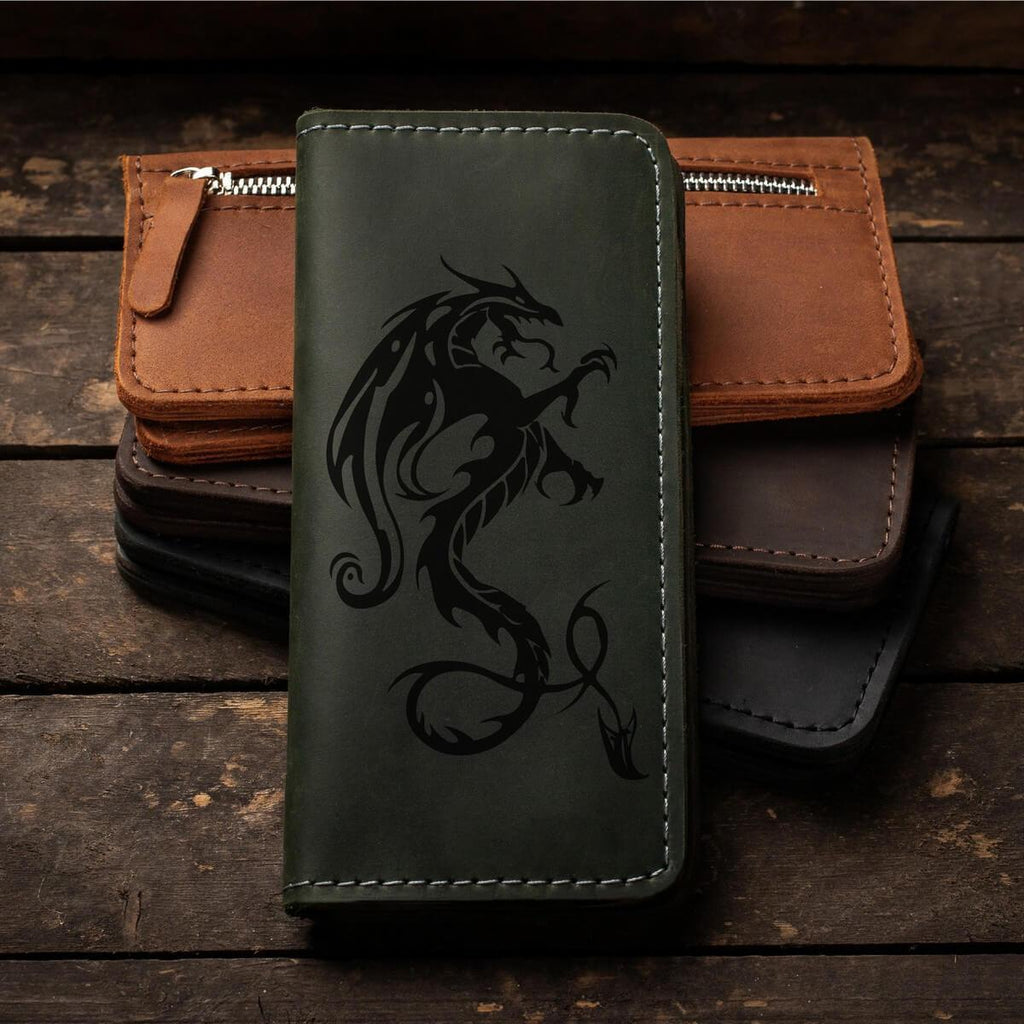 Шкіряні гаманці ручної роботи з гравіюванням "Дракон", портмоне іменне