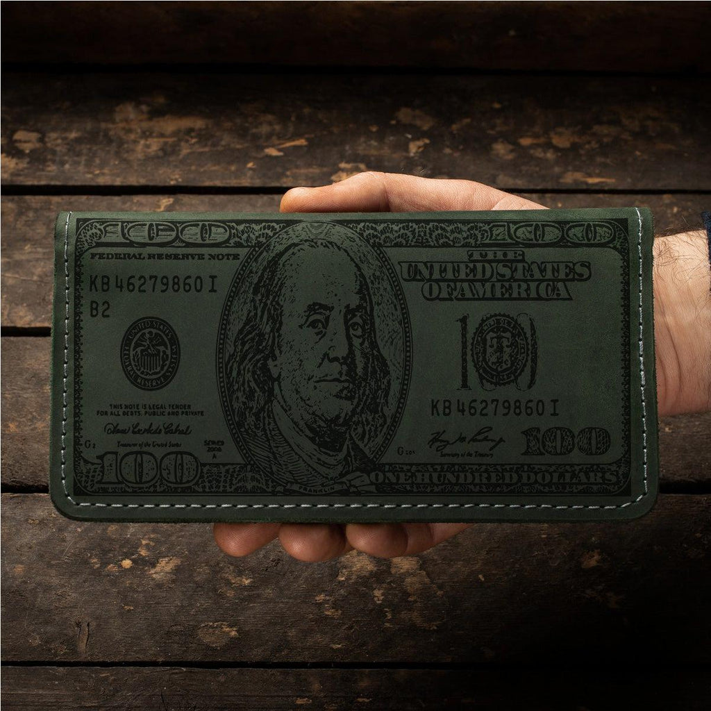 Великий шкіряний гаманець-клатч з гравіюванням 100 доларової купюри